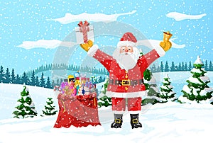 Christmas background. Santa claus with bag gifts