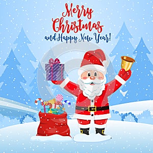 Christmas background. Santa claus with bag gifts