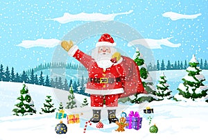 Christmas background. Santa claus with bag gifts