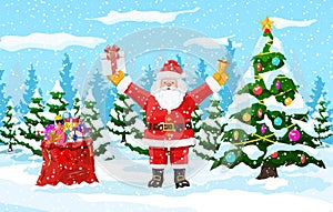 Christmas background. Santa claus with bag gifts