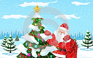 Christmas background. Santa claus with bag gifts