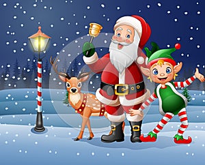 Christmas background with Santa Claus, deer and elf