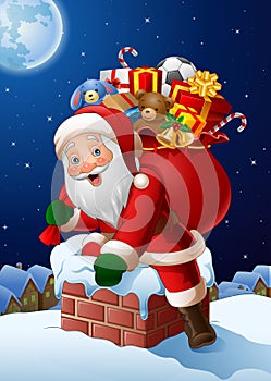 Christmas background with Santa Claus enters a home through the Chimney