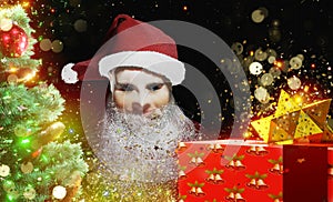 Christmas background. Santa Claus with presents