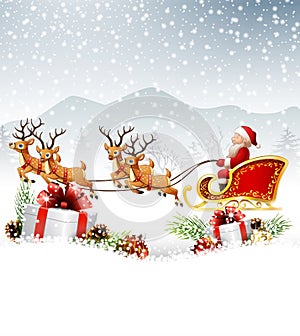 Christmas background with Santa Clause riding his reindeer sleight