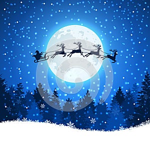 Christmas background with Santa and deers flying on the sky