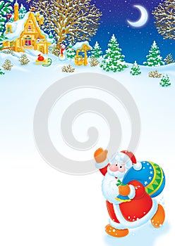 Christmas background with Santa and winter landsca