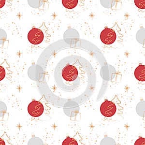 Christmas background. Seamless abstract pattern with Christmas trees, gifts and Christmas balls. Greeting card template