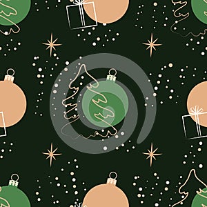 Christmas background. Seamless abstract pattern with Christmas trees, gifts, snowflakes and Christmas balls