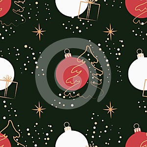 Christmas background. Seamless abstract pattern with Christmas trees, gifts and red Christmas balls