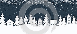 Christmas background. Seamless border. Winter landscape. white houses and fir trees on a dark blue background
