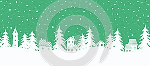 Christmas background. Seamless border. winter landscape. white houses and fir trees on a green background