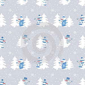 Christmas background. Seamless pattern. Cute snowmen have fun. Different snowmen in blue winter clothes