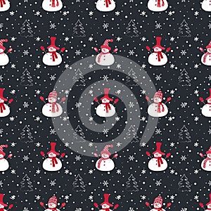 Christmas background. Seamless winter pattern with cute snowmen on dark blue