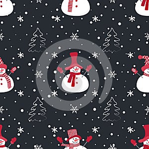 Christmas background. Seamless winter pattern with cute snowmen, fir trees and snowflakes
