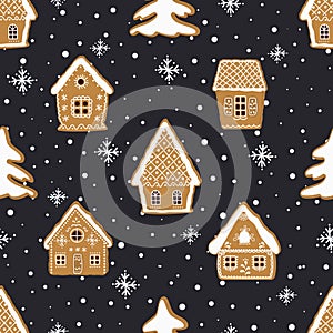 Christmas background. Seamless winter pattern. Gingerbread village