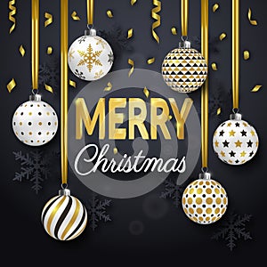 Christmas background with Shining gold ribbons, snowflakes and colorful ornate balls. Merry Christmas card vector