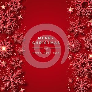 Christmas background with shining red snowflakes and snow. Merry Christmas card illustration on red background