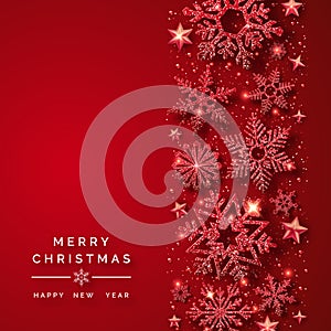 Christmas background with shining red snowflakes and snow. Merry Christmas card illustration on red background