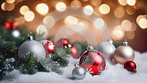 Christmas background with shiny balls, Christmas tree and blurred lights