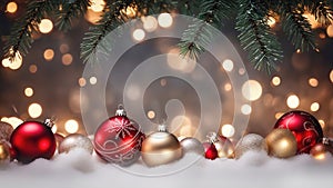 Christmas background with shiny balls, Christmas tree and blurred lights.