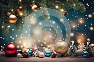 Christmas background with shiny balls, Christmas tree and blurred lights