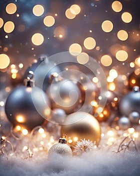 Christmas background with shiny balls, Christmas tree and blurred lights