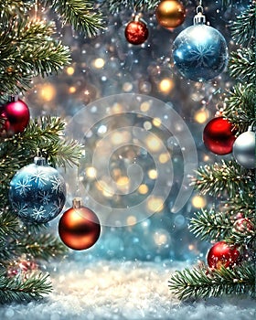 Christmas background with shiny balls, Christmas tree and blurred lights
