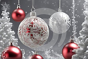 Christmas background with shiny balls, Christmas tree and blurred lights