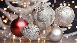 Christmas background with shiny balls, Christmas tree and blurred lights