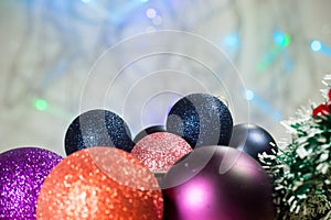 Christmas background with shiny colored toys
