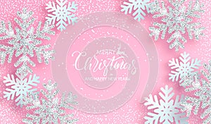 Christmas background with shiny silver snowflakes on pink background. Vector illustration.