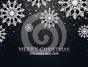 Christmas background with silver glitter snowflakes, falling particles, stars. Merry Christmas and Happy New Year banner