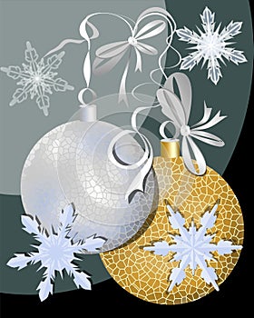 Christmas background with silver and gold ball and snowflakes