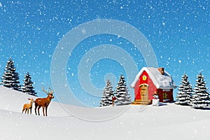 Christmas background, Small red cabin with snowman in winter landscape with stag deer and fawn