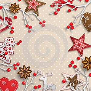 Christmas background, small scandinavian styled decorations lying on polka dot patterned backdrop, illustration