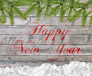 Christmas background with snow pine tree and Happy New Year