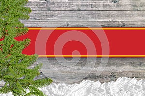 Christmas background with snow pine tree and red ribbon