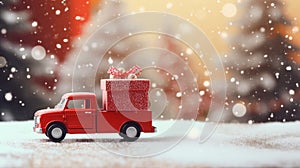 Christmas background with snow, snowman and retro red car with gift box.