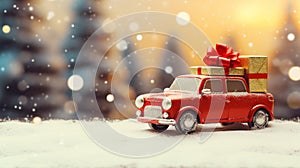 Christmas background with snow, snowman and retro red car with gift box.