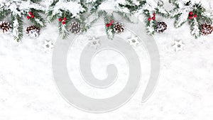 Christmas Background with Snow, Stars, Pine Cones and Fir Tree T