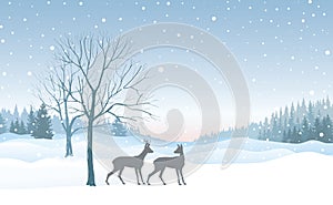 Christmas background. Snow winter landscape skyline with deers. Merry Christmas wallpaper design