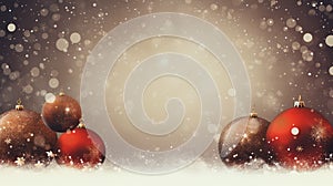 Christmas background with snowflakes, brown and red baubles created with Generative AI