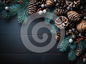 Christmas background - snowy fir branch adorned with pine cones