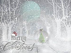 Christmas background with snowy and white  tree line cones and bokeh lights  and snow. Holiday banner or greeting card , Road