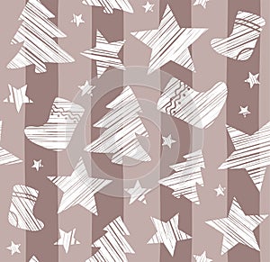 Christmas background, sock, star, tree, seamless, brown, gray, vector.