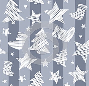 Christmas background, sock, star, tree, seamless, gray, vector.