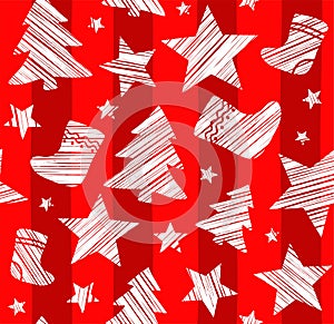 Christmas background, sock, star, tree, seamless, red, vector.