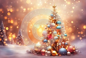 Christmas background with spruce branches decorated with Christmas baubles, snowflakes, and lights