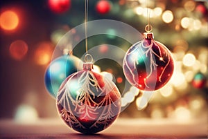 Christmas background with spruce branches decorated with Christmas baubles, snowflakes, and lights